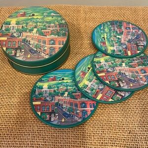 Small farm town scene metal tin with coasters